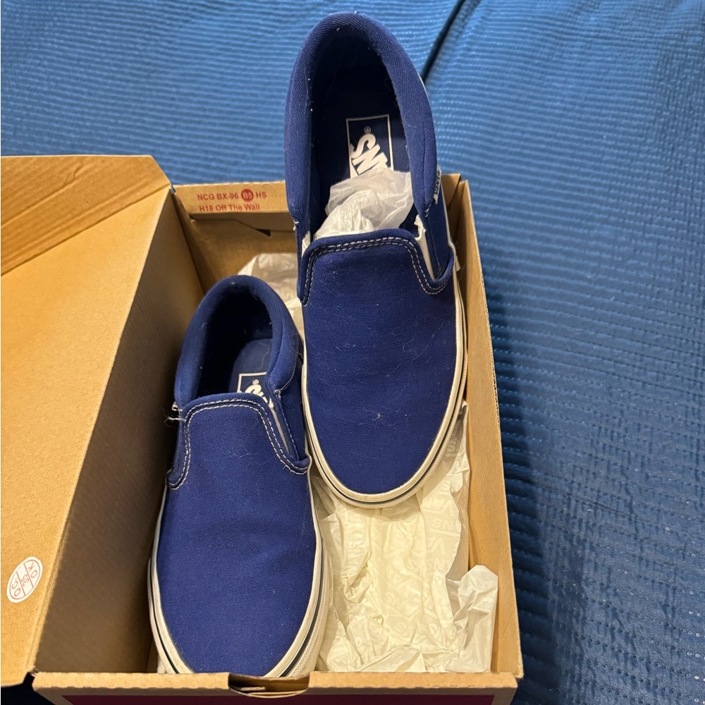 Vans Asher Blue and White Slip-Ons